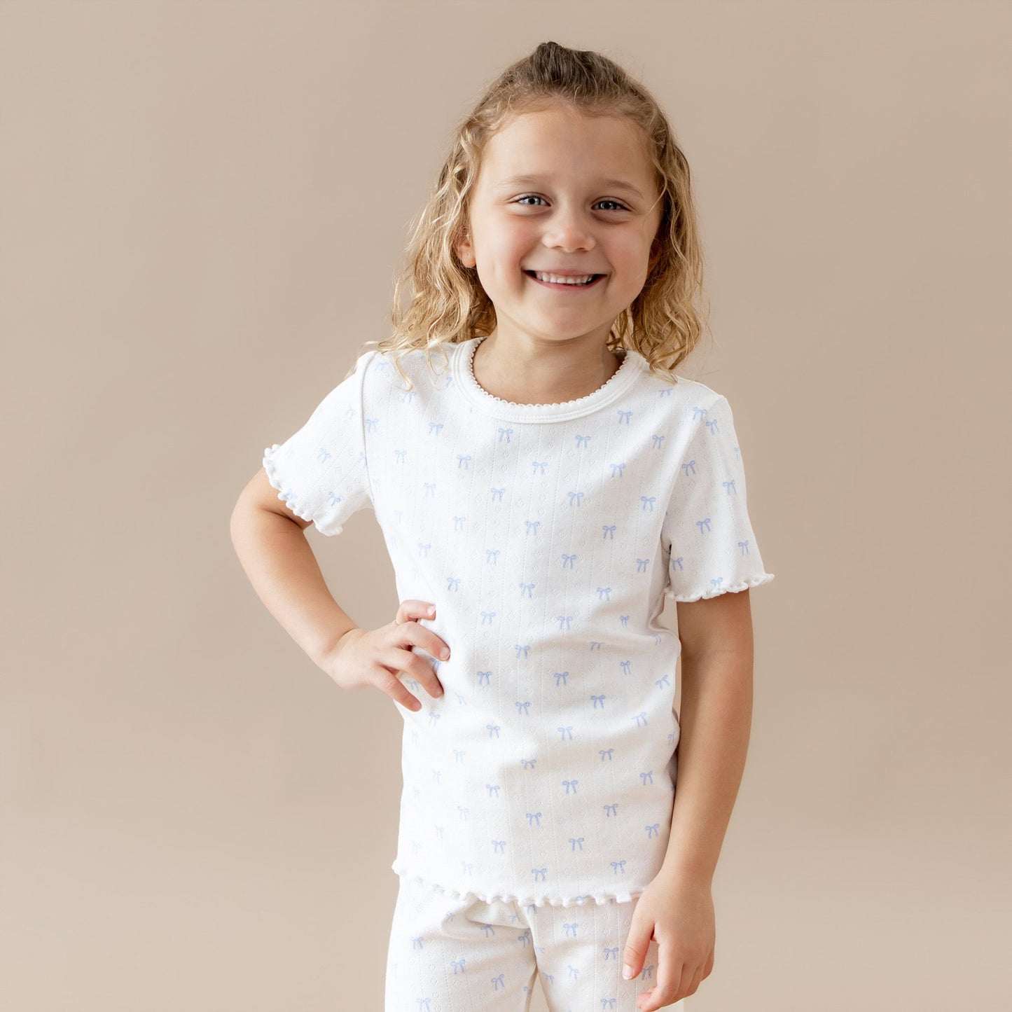 Pointelle Short Sleeve Set in Sweet Blue Bow